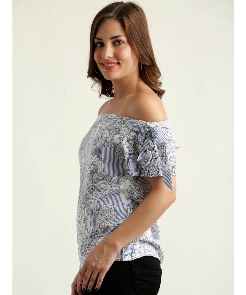 Women's Blue And White Off-shoulder short_sleeve Striped And Floral Print Bardot Top
