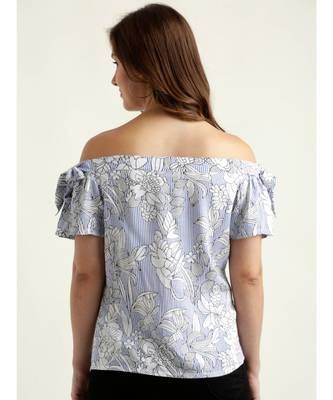 Women's Blue And White Off-shoulder short_sleeve Striped And Floral Print Bardot Top 4