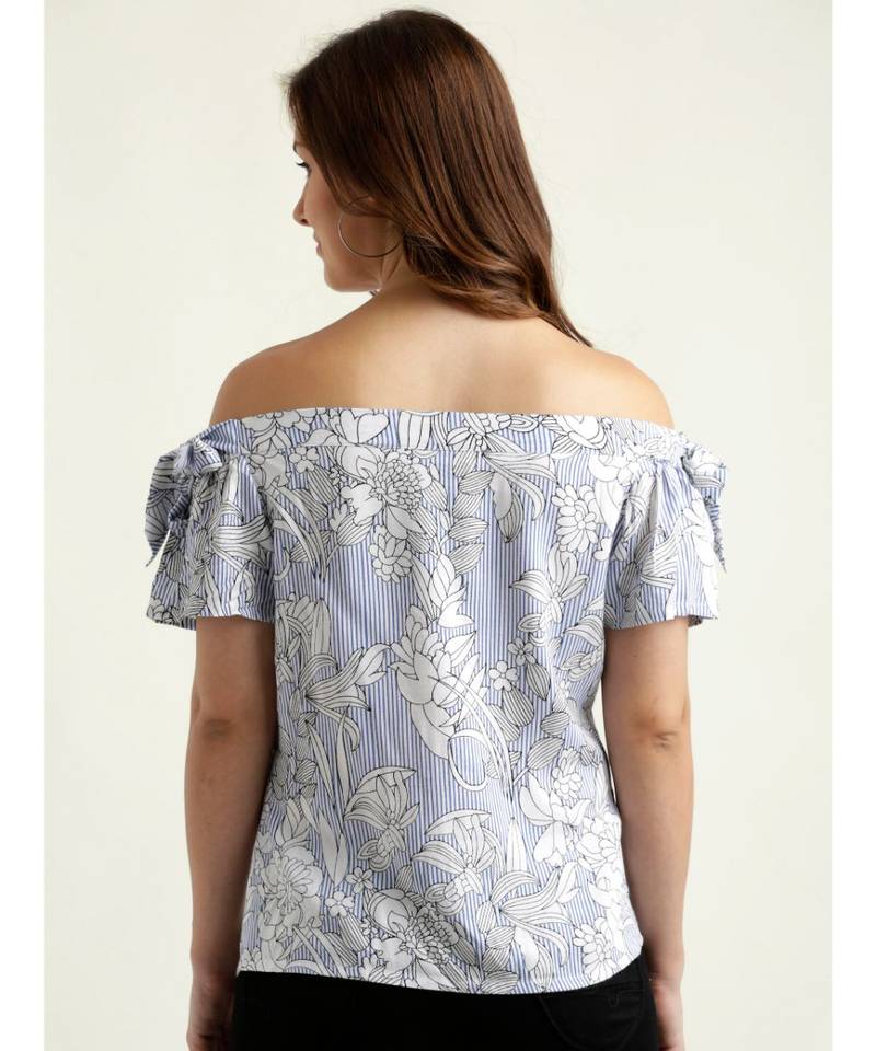 Women's Blue And White Off-shoulder short_sleeve Striped And Floral Print Bardot Top