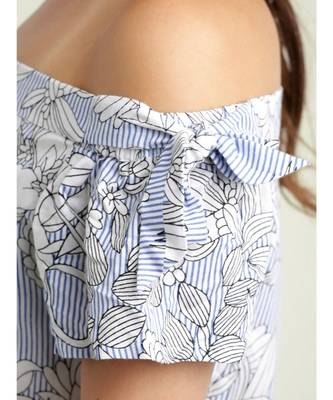Women's Blue And White Off-shoulder short_sleeve Striped And Floral Print Bardot Top 5