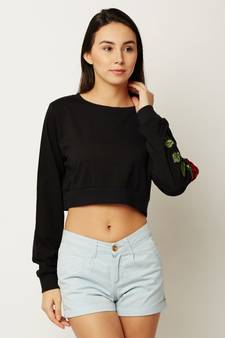 Women's Black Round Neck full_sleeve Solid Cotton Embroidered Floral Patchwork Boxy Crop Top