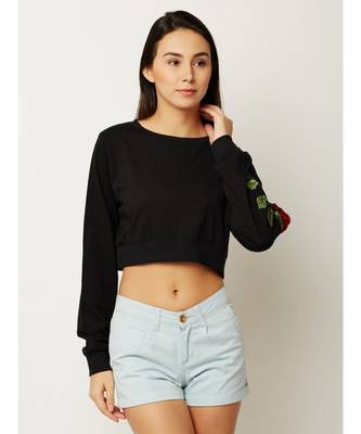 Women's Black Round Neck full_sleeve Solid Cotton Embroidered Floral Patchwork Boxy Crop Top 1