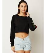 Women's Black Round Neck full_sleeve Solid Cotton Embroidered Floral Patchwork Boxy Crop Top