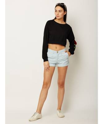 Women's Black Round Neck full_sleeve Solid Cotton Embroidered Floral Patchwork Boxy Crop Top 2