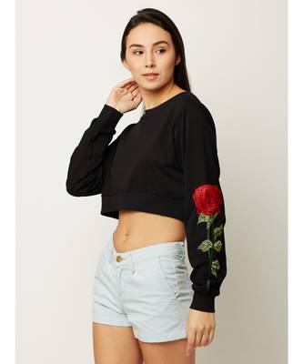 Women's Black Round Neck full_sleeve Solid Cotton Embroidered Floral Patchwork Boxy Crop Top 3