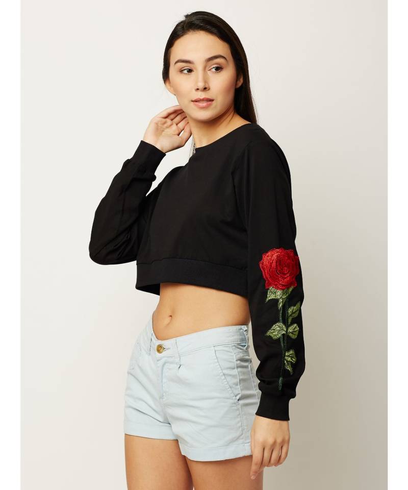 Women's Black Round Neck full_sleeve Solid Cotton Embroidered Floral Patchwork Boxy Crop Top