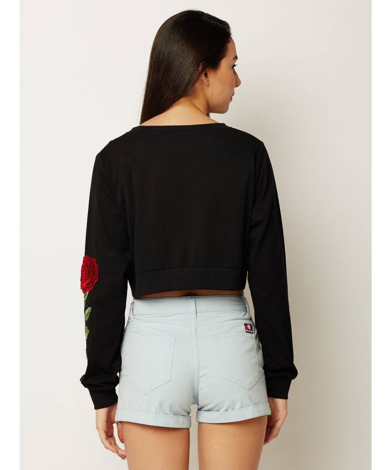 Women's Black Round Neck full_sleeve Solid Cotton Embroidered Floral Patchwork Boxy Crop Top