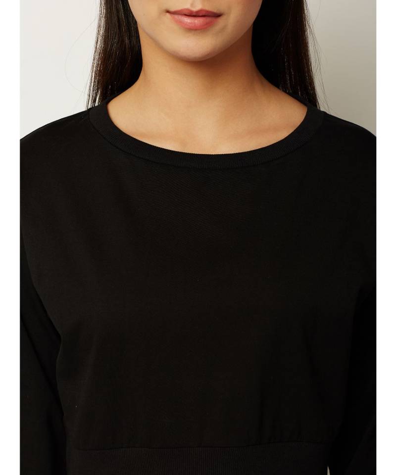 Women's Black Round Neck full_sleeve Solid Cotton Embroidered Floral Patchwork Boxy Crop Top