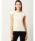 Women's Off-White Round Neck sleeveless Solid Cotton Ruffled Textured Top