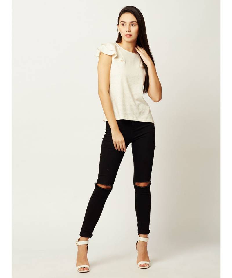 Women's Off-White Round Neck sleeveless Solid Cotton Ruffled Textured Top