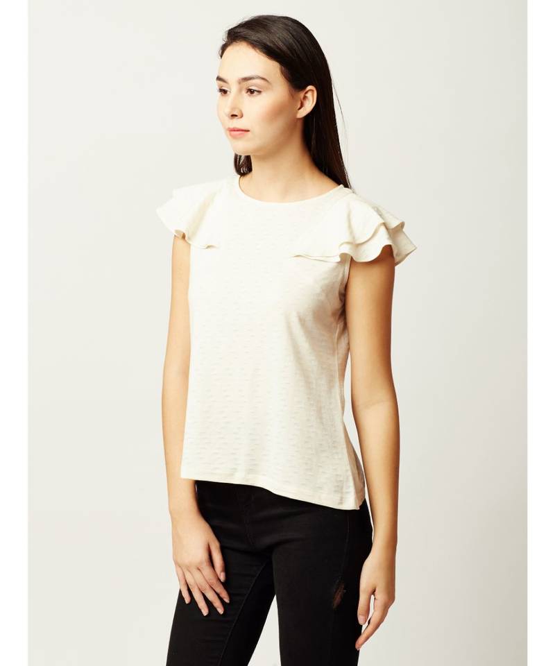Women's Off-White Round Neck sleeveless Solid Cotton Ruffled Textured Top