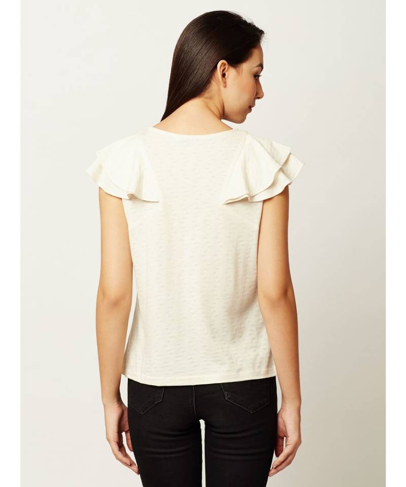 Women's Off-White Round Neck sleeveless Solid Cotton Ruffled Textured Top