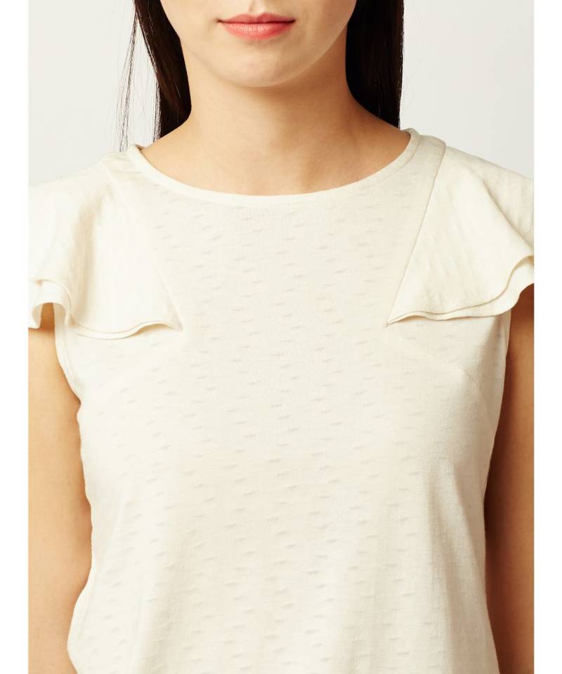 Women's Off-White Round Neck sleeveless Solid Cotton Ruffled Textured Top