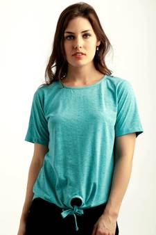 Women's Turquoise Blue Round Neck half_sleeve Solid Knotted Textured Top