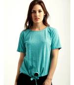 Women's Turquoise Blue Round Neck half_sleeve Solid Knotted Textured Top