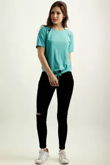 Women's Turquoise Blue Round Neck half_sleeve Solid Knotted Textured Top