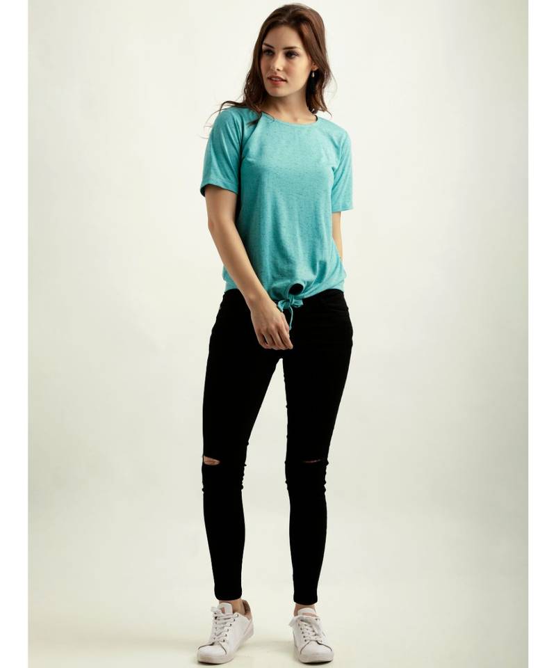 Women's Turquoise Blue Round Neck half_sleeve Solid Knotted Textured Top