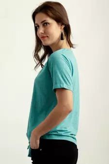 Women's Turquoise Blue Round Neck half_sleeve Solid Knotted Textured Top