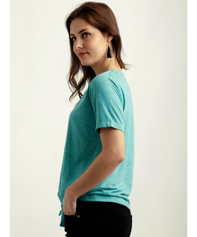Women's Turquoise Blue Round Neck half_sleeve Solid Knotted Textured Top