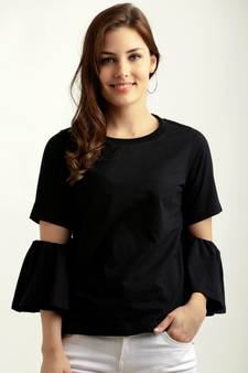 Women's Black Round Neck Flared quarter_sleeve Cotton Solid Gathered Cut Out Detail Top