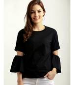 Women's Black Round Neck Flared quarter_sleeve Cotton Solid Gathered Cut Out Detail Top