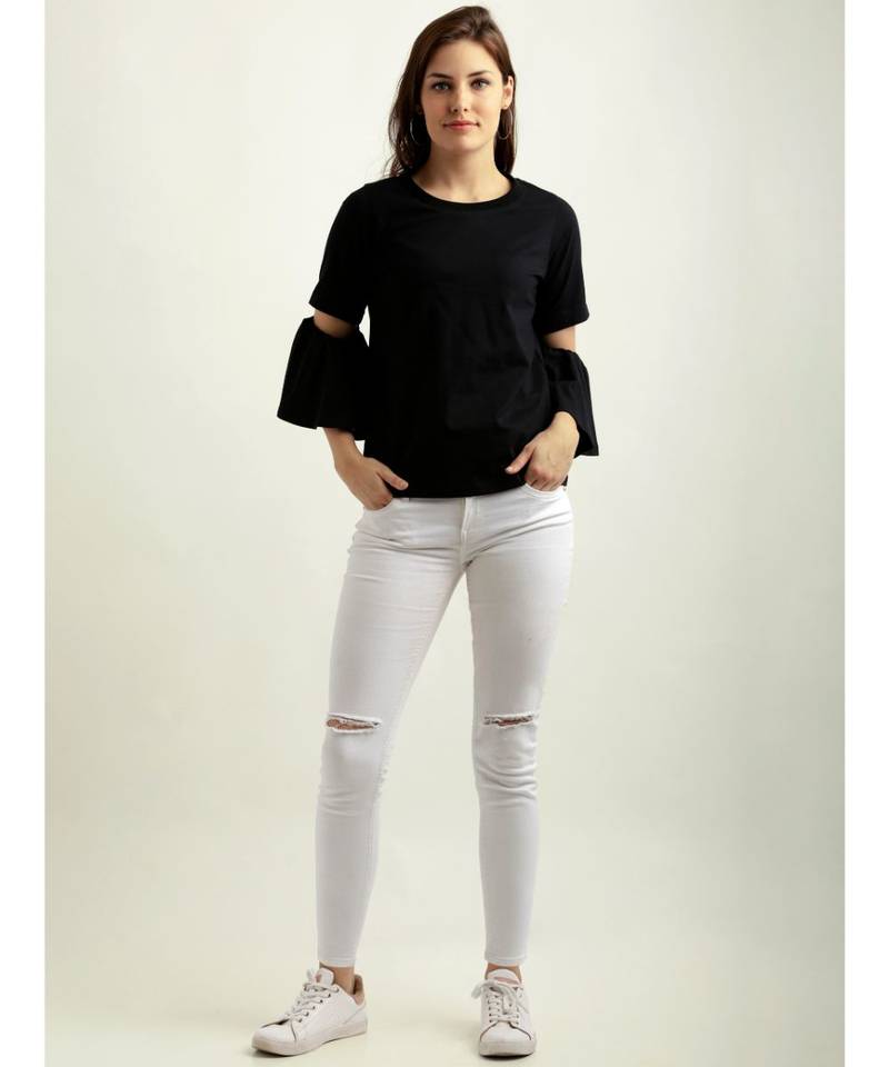 Women's Black Round Neck Flared quarter_sleeve Cotton Solid Gathered Cut Out Detail Top