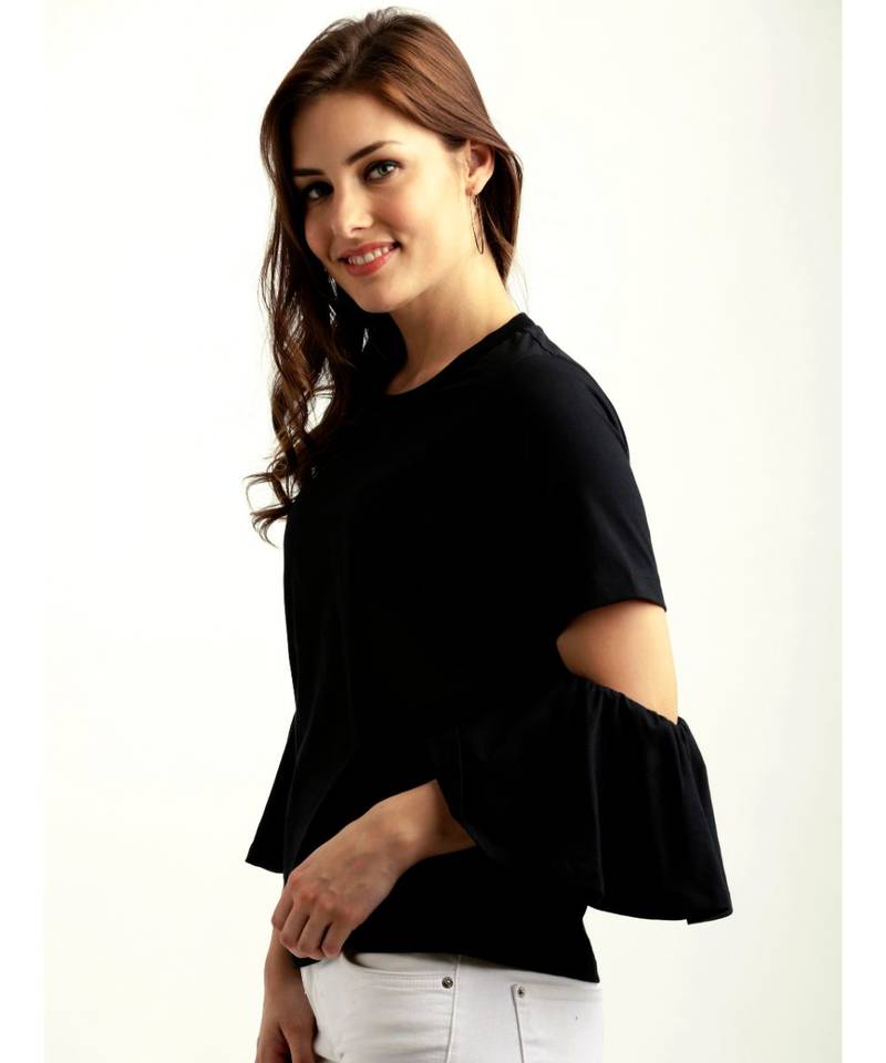 Women's Black Round Neck Flared quarter_sleeve Cotton Solid Gathered Cut Out Detail Top