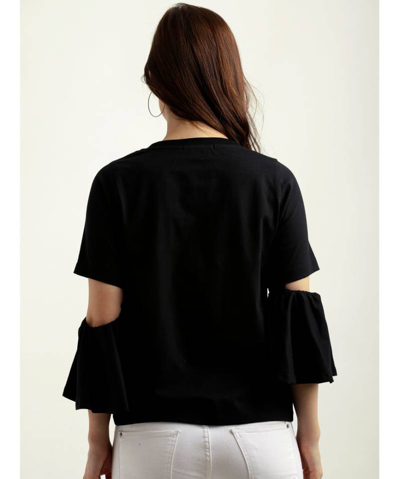 Women's Black Round Neck Flared quarter_sleeve Cotton Solid Gathered Cut Out Detail Top