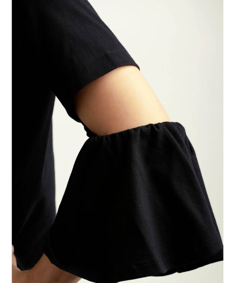 Women's Black Round Neck Flared quarter_sleeve Cotton Solid Gathered Cut Out Detail Top