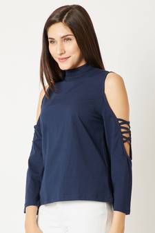 Women's blue High Round Neck Criss Cross full_sleeve Cotton Solid Cold Shoulder Top
