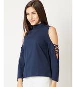 Women's blue High Round Neck Criss Cross full_sleeve Cotton Solid Cold Shoulder Top