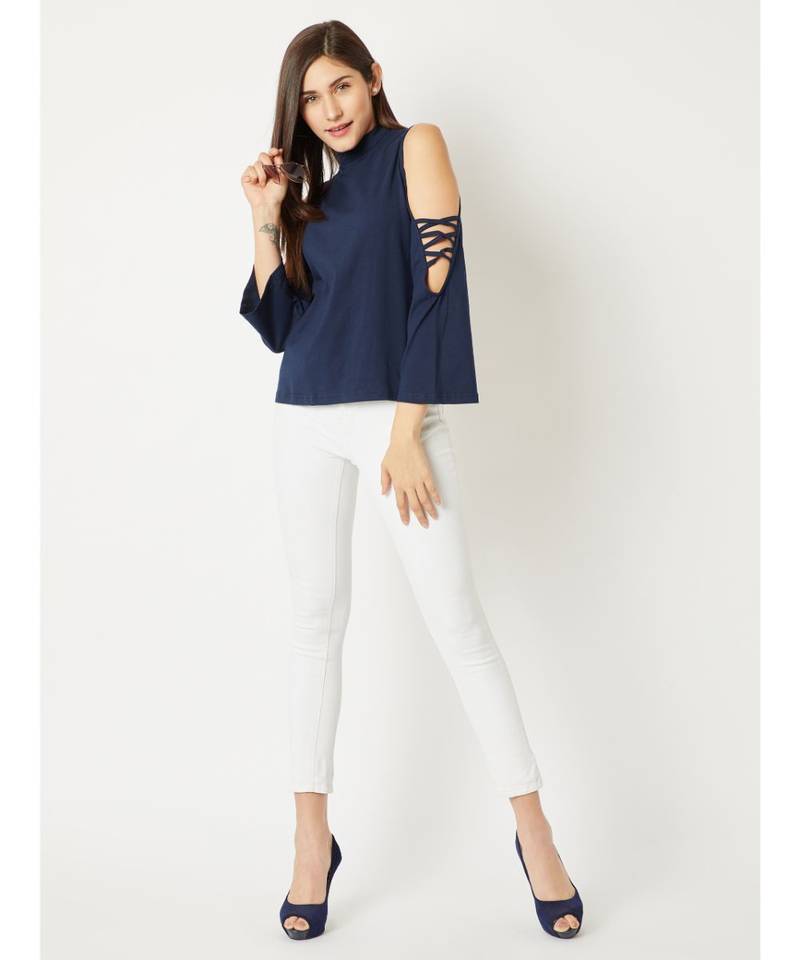 Women's blue High Round Neck Criss Cross full_sleeve Cotton Solid Cold Shoulder Top