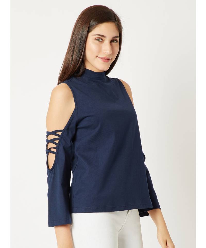 Women's blue High Round Neck Criss Cross full_sleeve Cotton Solid Cold Shoulder Top