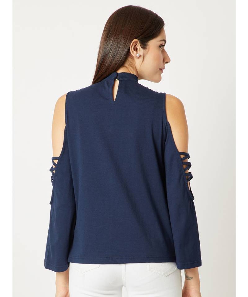 Women's blue High Round Neck Criss Cross full_sleeve Cotton Solid Cold Shoulder Top