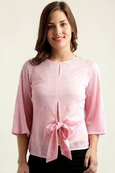 Women's Pink Round Neck quarter_sleeve Solid Front Slit Textured Knotted Top