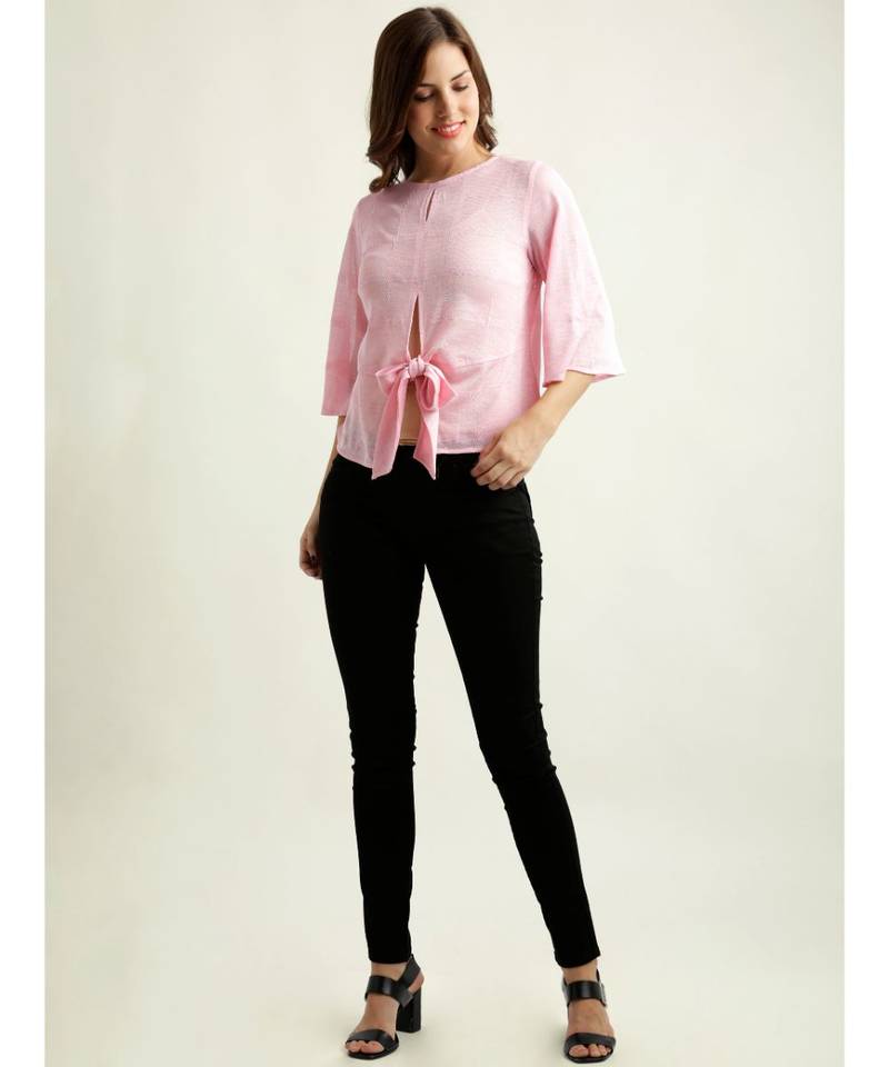 Women's Pink Round Neck quarter_sleeve Solid Front Slit Textured Knotted Top