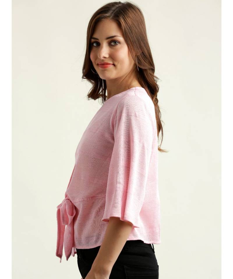 Women's Pink Round Neck quarter_sleeve Solid Front Slit Textured Knotted Top