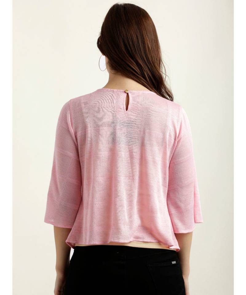 Women's Pink Round Neck quarter_sleeve Solid Front Slit Textured Knotted Top