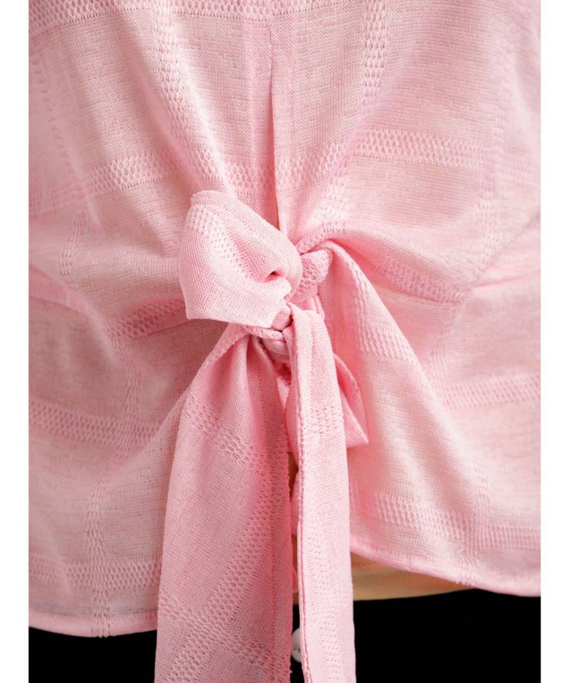 Women's Pink Round Neck quarter_sleeve Solid Front Slit Textured Knotted Top