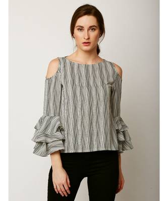 Women's Multicolored Round Neck full_sleeves Layered Ruffled Striped Cold Shoulder Top 1