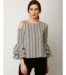 Women's Multicolored Round Neck full_sleeves Layered Ruffled Striped Cold Shoulder Top