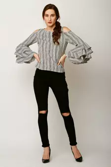 Women's Multicolored Round Neck full_sleeves Layered Ruffled Striped Cold Shoulder Top