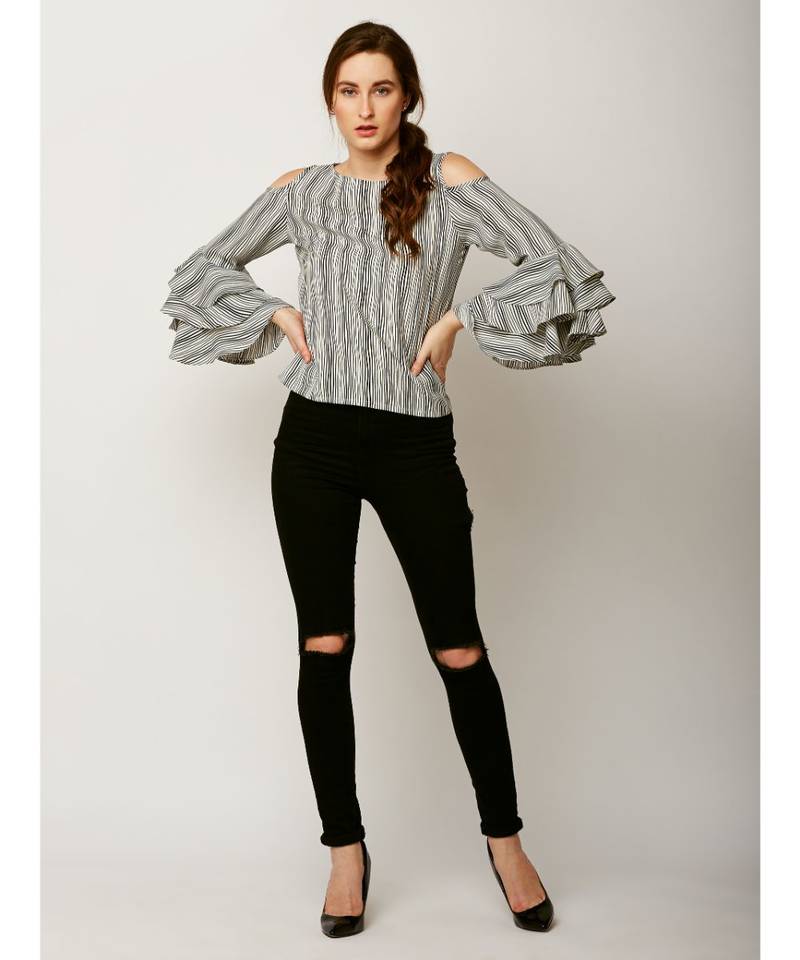 Women's Multicolored Round Neck full_sleeves Layered Ruffled Striped Cold Shoulder Top