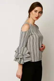 Women's Multicolored Round Neck full_sleeves Layered Ruffled Striped Cold Shoulder Top