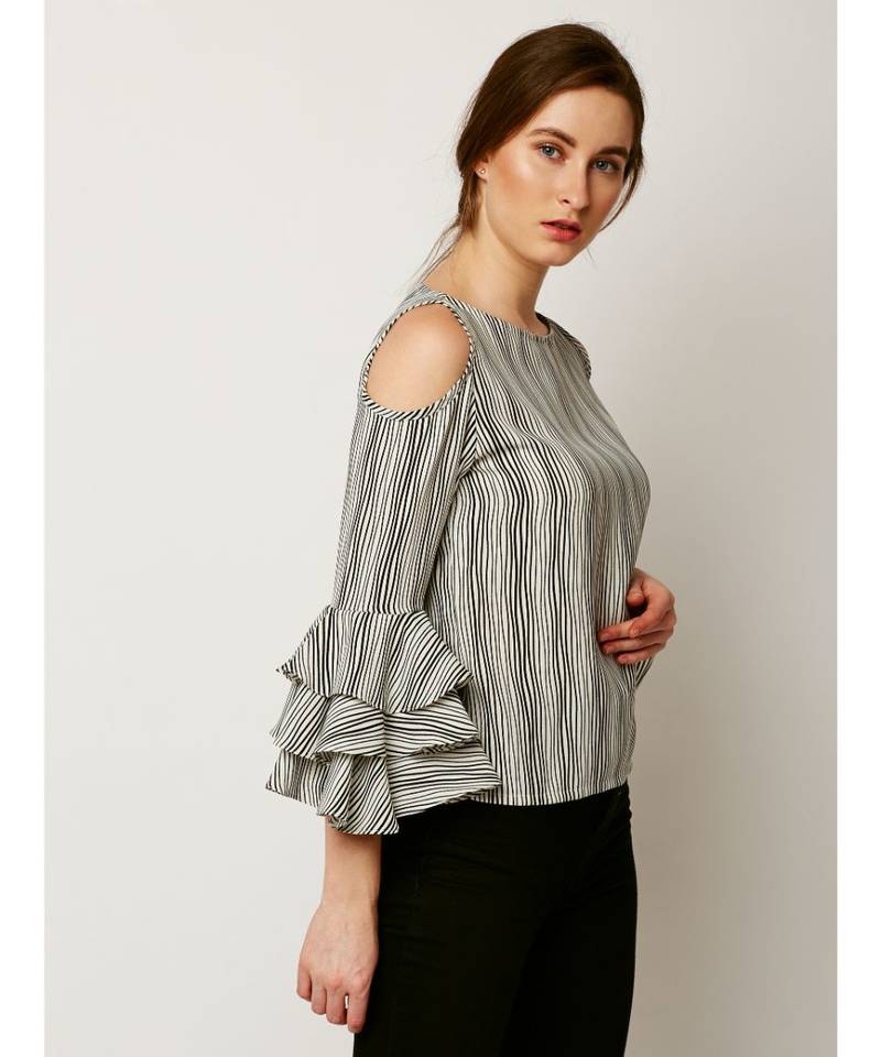 Women's Multicolored Round Neck full_sleeves Layered Ruffled Striped Cold Shoulder Top