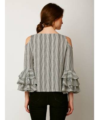 Women's Multicolored Round Neck full_sleeves Layered Ruffled Striped Cold Shoulder Top 4
