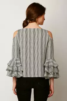 Women's Multicolored Round Neck full_sleeves Layered Ruffled Striped Cold Shoulder Top