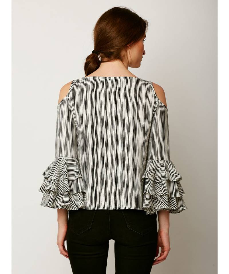 Women's Multicolored Round Neck full_sleeves Layered Ruffled Striped Cold Shoulder Top