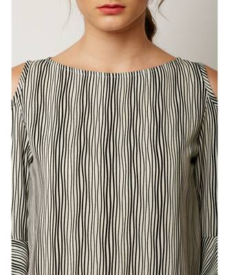 Women's Multicolored Round Neck full_sleeves Layered Ruffled Striped Cold Shoulder Top 5