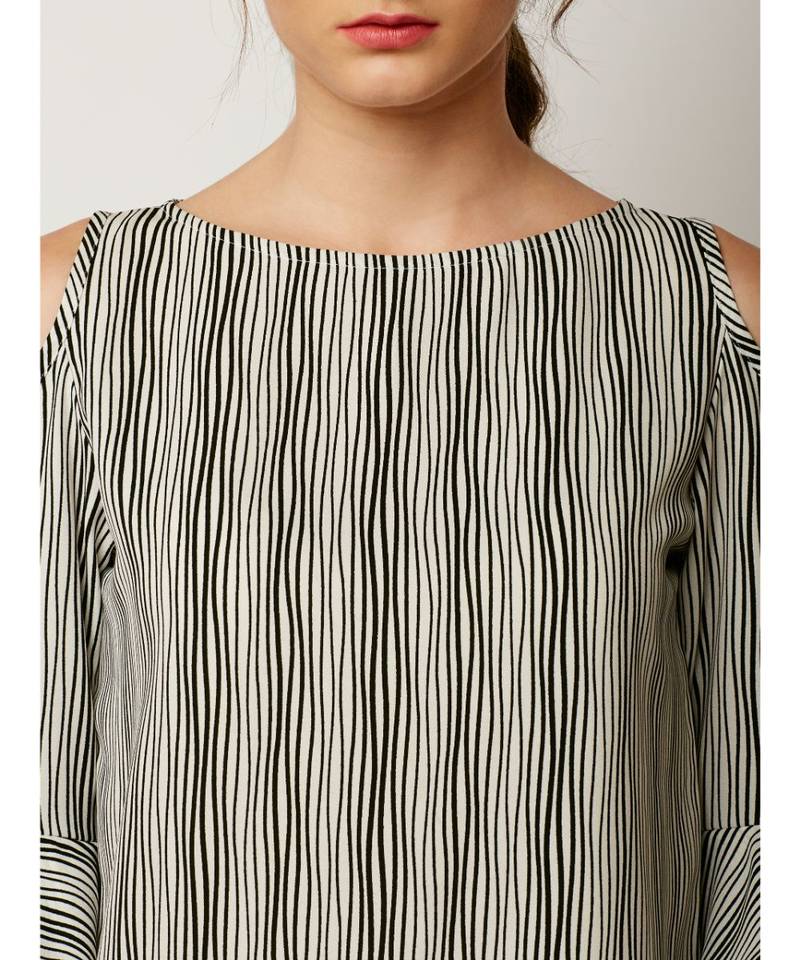 Women's Multicolored Round Neck full_sleeves Layered Ruffled Striped Cold Shoulder Top